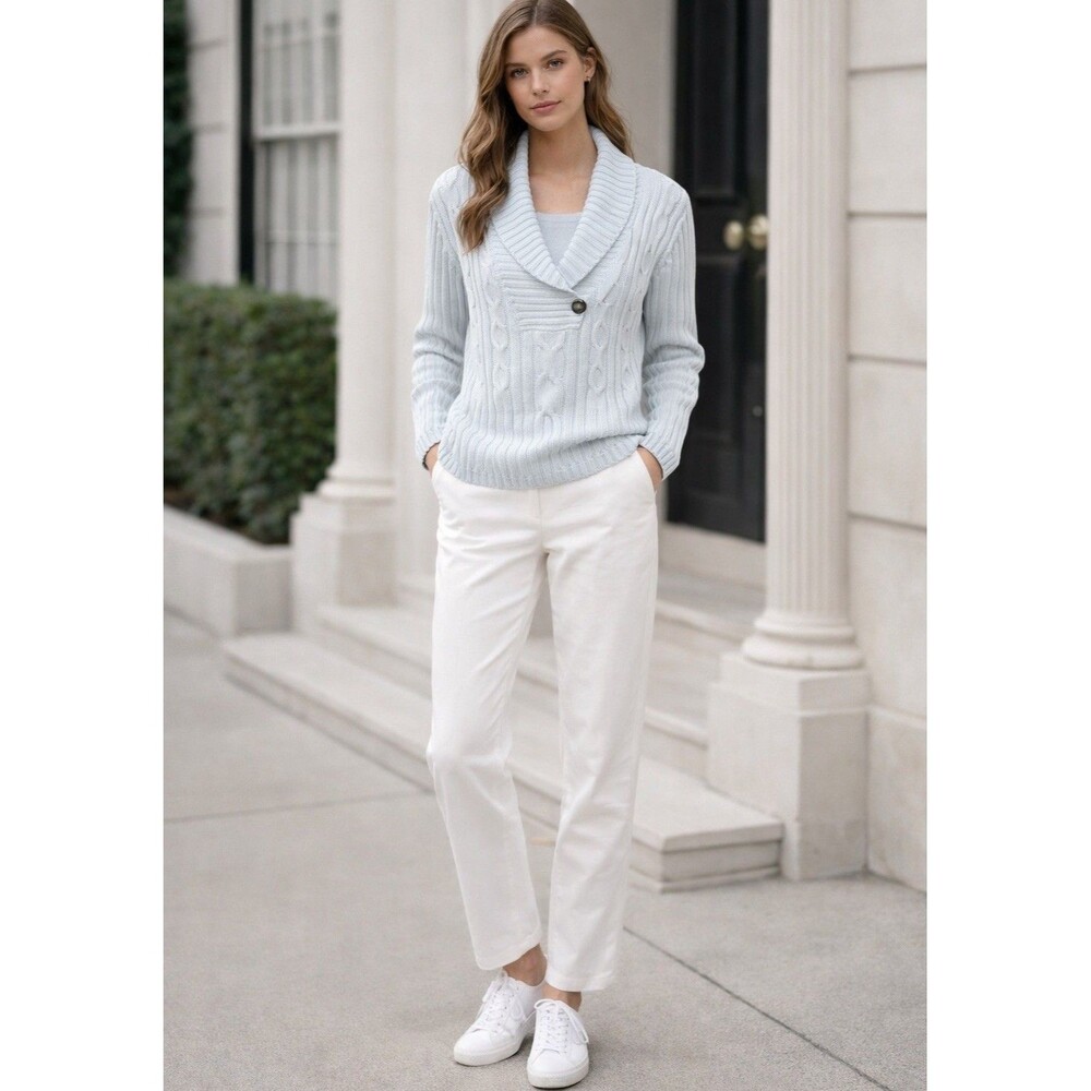 olsen ice blue sweater cable knit cotton blend shawl collar button 8